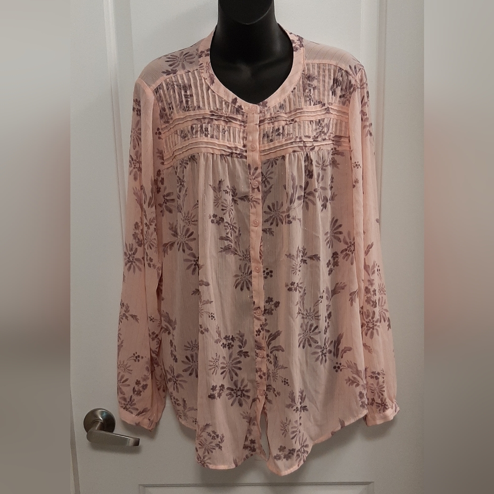 Torrid 2 Pink Chiffon Button Up Blouse Womens Long Sleeve Purple Flowers